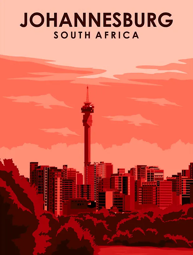 Retro travel poster of the Johannesburg skyline with the Hillbrow Tower.