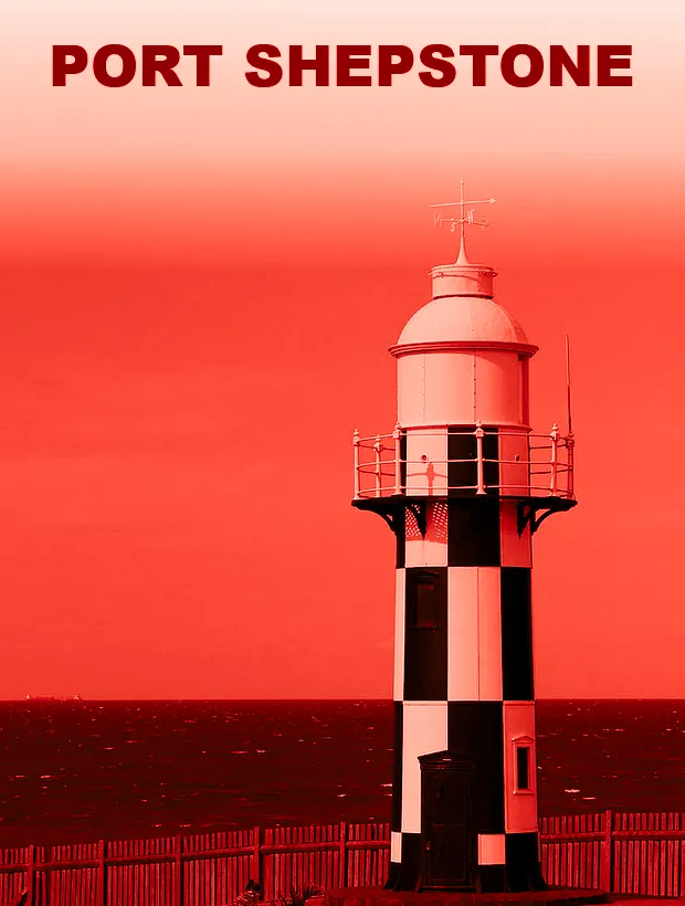 Retro poster of Port Shepstone showing its black-and-white chequered lighthouse above the Indian Ocean.