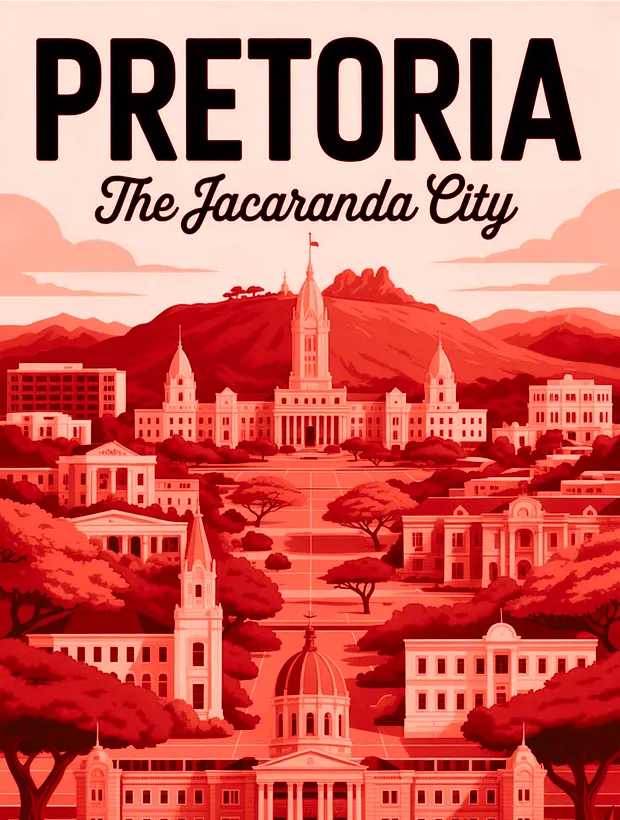 Retro travel poster of Pretoria, the Jacaranda City, showing the Union Buildings.