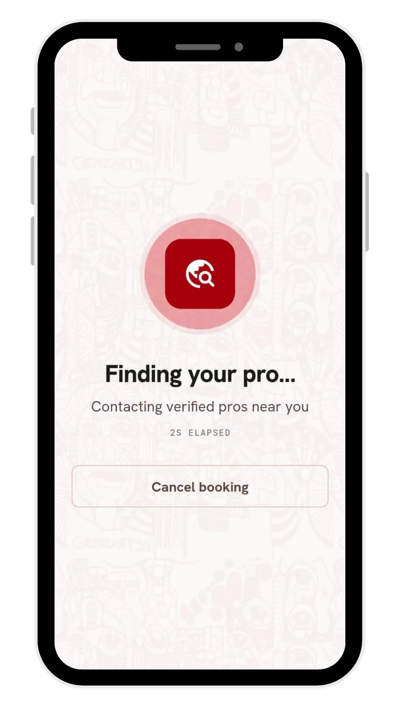 RunIT matching screen reading 'Finding your pro — contacting verified pros near you', with elapsed time and a cancel booking button.